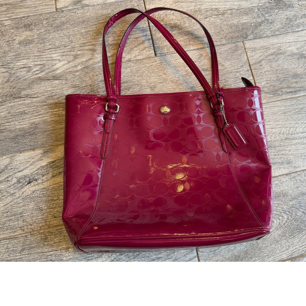 Coach Tote Bag Peyton Signature Patent Leather Monogram Magenta Pink Shoulder